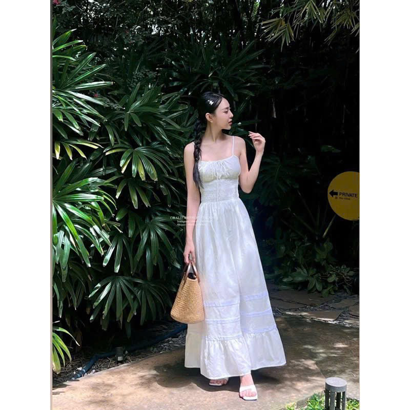 𝐎𝐫𝐚𝐥𝐢𝐞 𝐃𝐫𝐞𝐬𝐬 - Đầm Linen Maxi Chun Eo Pha Chân Ren ( ảnh chính chủ )