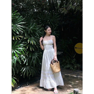 𝐎𝐫𝐚𝐥𝐢𝐞 𝐃𝐫𝐞𝐬𝐬 - Đầm Linen Maxi Chun Eo Pha Chân Ren ( ảnh chính chủ )