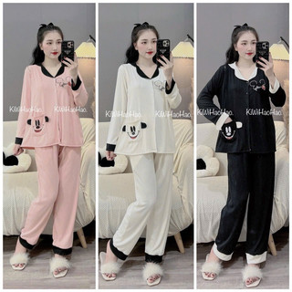  Bộ bầu bộ sau sinh - Bộ Thun Tăm Dài Tay Cổ Pizama Micky 