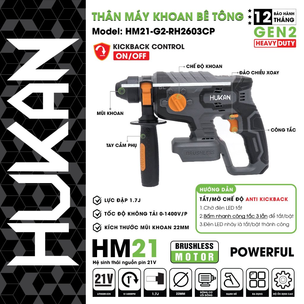 Máy khoan bê tông pin HUKAN HM21-G2-RH2603CP, Động cơ Không chổi than, Anti kickback