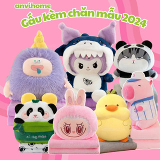 Gấu bông kèm mền bộ chăn gối văn phòng mẫu mới 2024 ANVIHOME capybara, labubu, kuromi, mèo