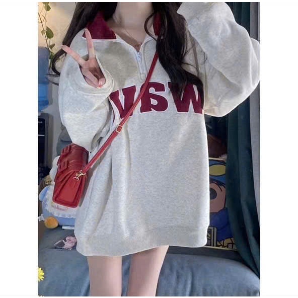[RẺ VÔ ĐỊCH]  Áo hoodie cổ polo thêu chữ cái cổ điển kiểu Mỹ áo dài tay - Cổ Bẻ Khóa nửa khóa kéo | BigBuy360 - bigbuy360.vn