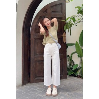 Quần Jean Suông Form Lửng Trắng Kem Nấm Lùn (88cm) LEDA Nữ Quần Bò Nấm Lùn 9 Tấc