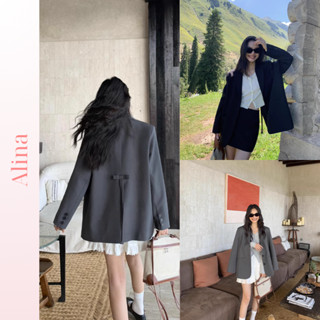 Áo vest nữ bigsize trang trí nơ lưng phong cách Hàn Quốc Áo blazer nữ dáng dài 2 lớp form rộng chất liệu tuyết mưa
