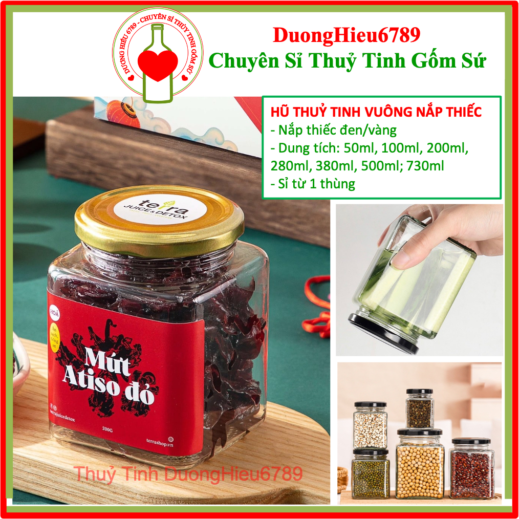 Hũ Vuông Thủy Tinh Đựng Mật Ong, Gia Vị, Thực Phẩm 50ml, 100ml, 200ml, 280ml, 380ml, 500ml