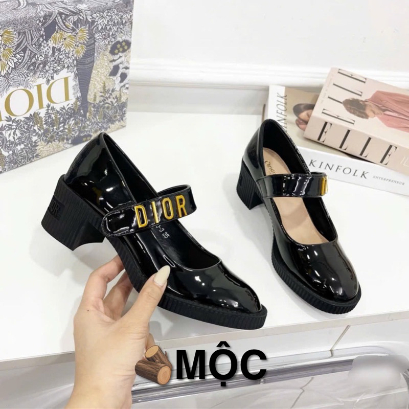 Giày cao gót đế vuông 5cm mũi tròn,giày dáng búp bê tiều thư da bóng dior quai dán ngang cao cấp có sẵn fullbox túi giấy