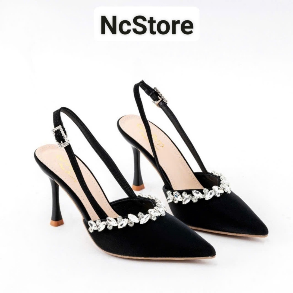 Giày cao gót bít mũi viền đá 9 phân, cao gót chất tuyết nhung viền đá 9 phân mã U88