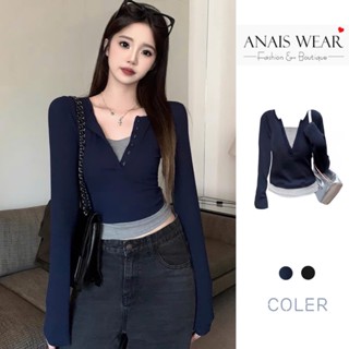 Áo thun dài tay cổ V dáng ôm croptop phong cách Hàn Quốc