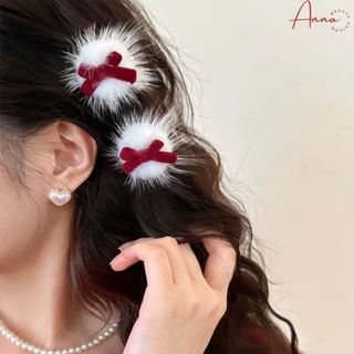 Kẹp tóc bông tuyết Noel lông phối nơ đỏ dễ thương 3cm, kẹp tóc Noel cho trẻ em và người lớn