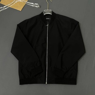 Áo khoác bomber gió nam nữ DSQ đen thân trơn khoá zip bạc ống bo sọc gân lót 2 lớp đơn giản basic, D2 TRƠN