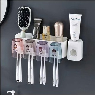 Bộ nhả kem đánh răng , giá để bàn chải KDR dán tường kèm miếng dán siêu chắc tặng kèm 4 cốc