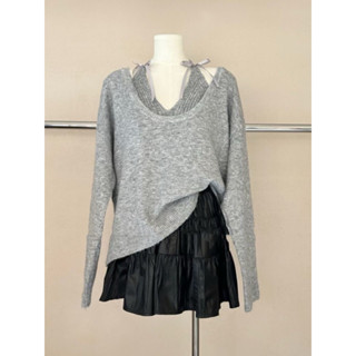  【Sẵn Xám  Áo Len 2 Chi Tiết ,Áo Len Cổ V Kèm Áo Len Yếm Thắt Nơ Bên Trong ,Len Mềm Đẹp Hàng Qc 