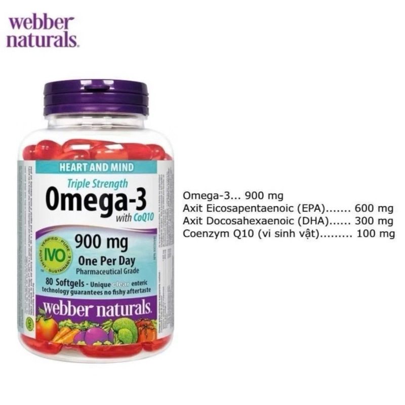 NHẬP KHẨU - Dầu cá đỏ Omega 3 CoQ10 và Triple Strength Omega-3 900mg Webber Natural; Date 2029