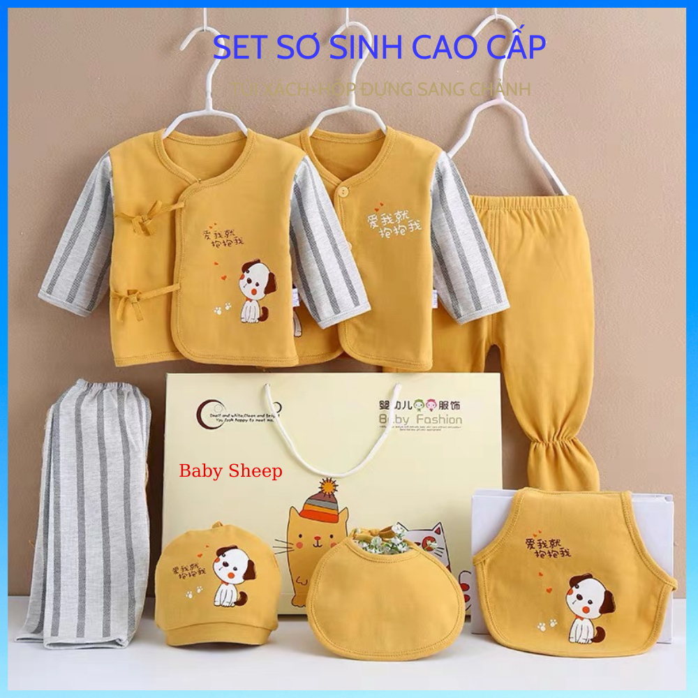 SET QUÀ TẶNG QUẦN ÁO SƠ SINH 7 CHI TIẾT HOẠ TIẾT CÚN CON KÈM HỘP ĐỰNG LÀM QUÀ