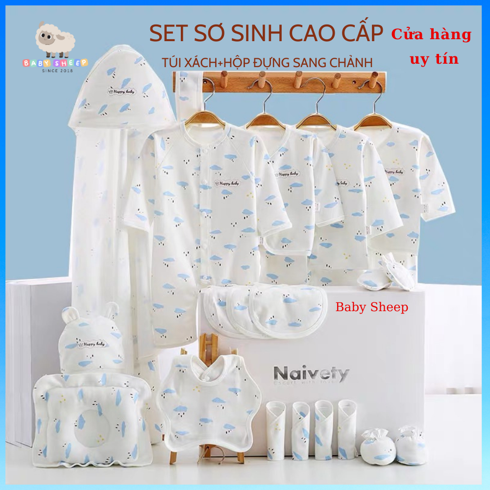 Set quà tặng sơ sinh 23 chi tiết họa tiết mây có túi xách hộp đựng quà sang chảnh (clip thật, ảnh thật)