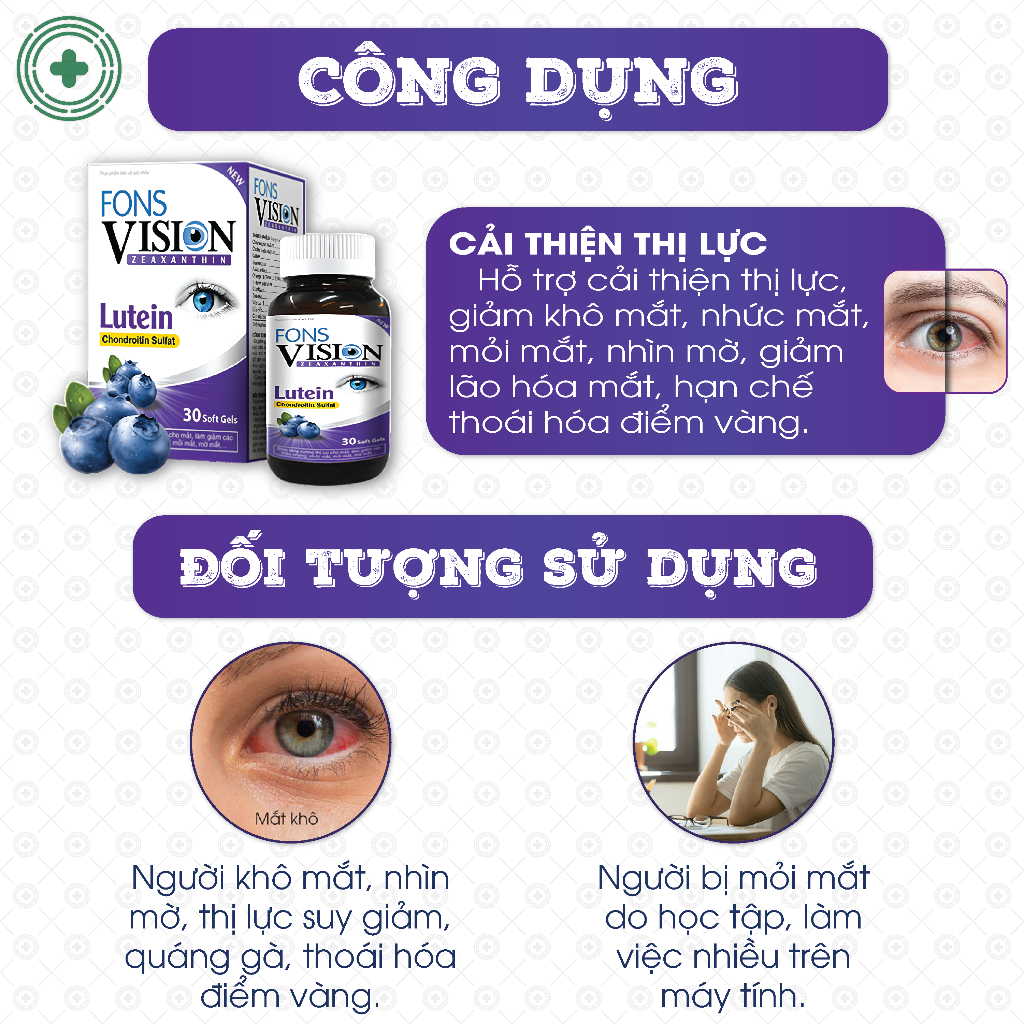 Bổ mắt Fons Vision, giúp sáng mắt, giảm khô mắt, nhức mỏi mắt, hạn chế thoái hóa điểm vàng (Hộp 30 viên)