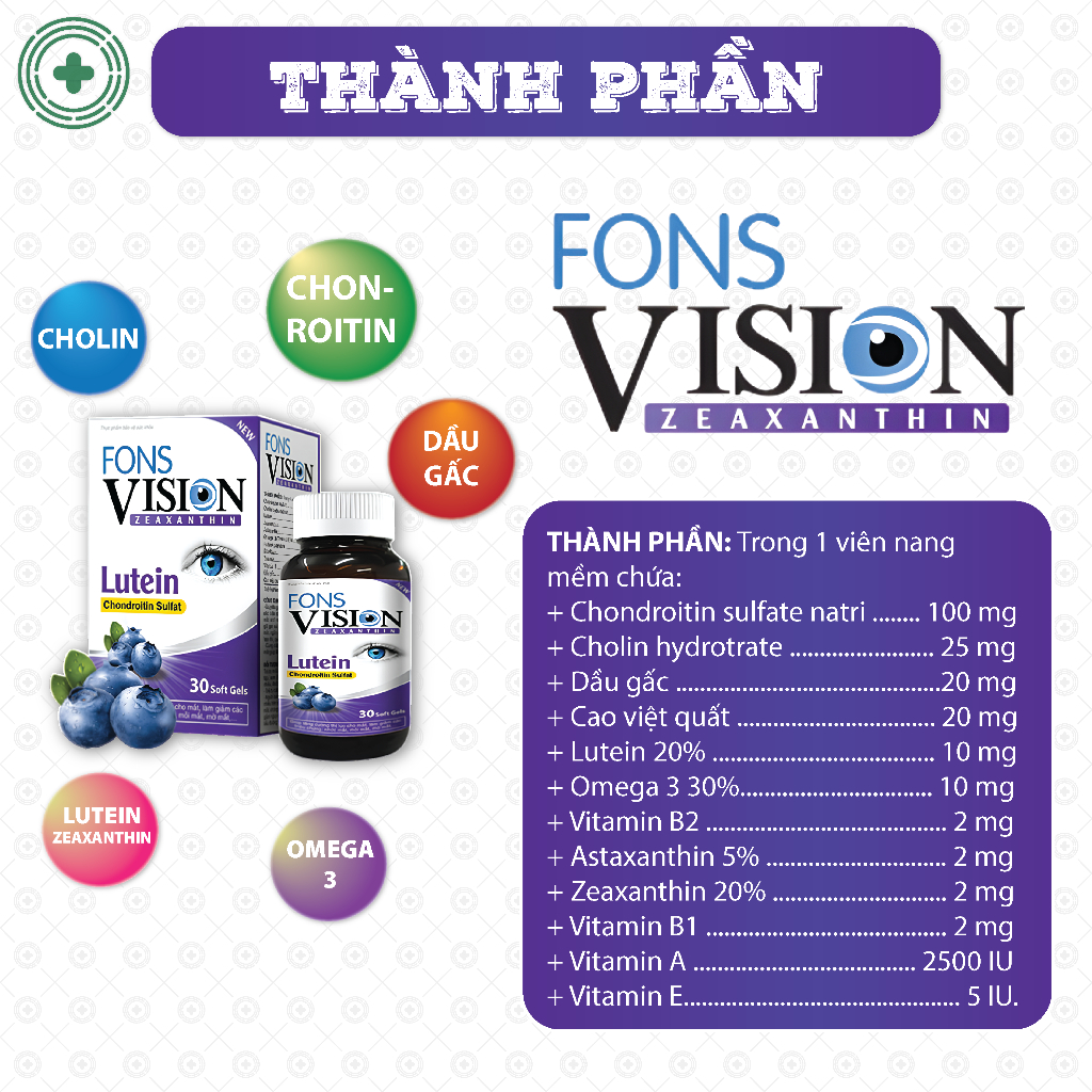 Bổ mắt Fons Vision, giúp sáng mắt, giảm khô mắt, nhức mỏi mắt, hạn chế thoái hóa điểm vàng (Hộp 30 viên)