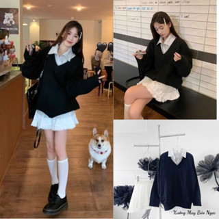 Set Áo Thu Đông 3 Món - Áo Len Cổ Tim Mix Áo Sơ Mi Mix Chân Váy Tiểu Thư Xinh Mê Xưởng May Bảo Ngọc