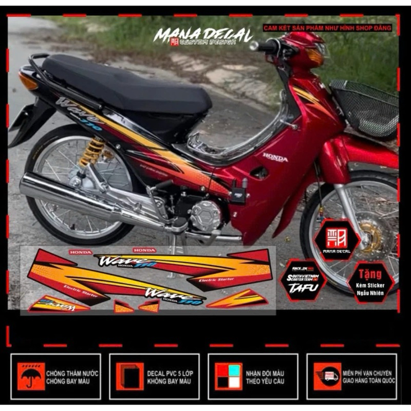 Tem rời xe wave nhỏ , tem dán xe wave xe đỏ, team xe wave cực chất decal dán xe bền màu chống thấm nước