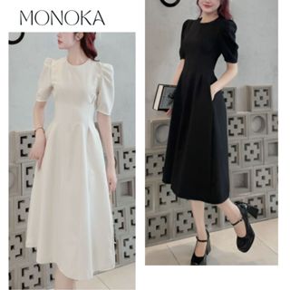 Váy nữ dáng dài vai phồng dáng xòe chiết eo cổ tròn công sở thanh lịch Đầm dài qua gối màu trơn vntage xinh T549G MONOKA