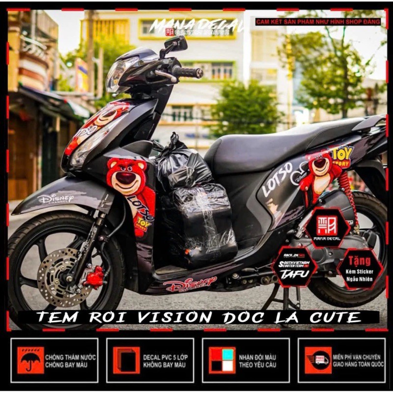 Decal dán xe Tem rời xe vision mẫu gấu dâu  siêu chất