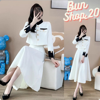 Set dạ - Set đầm nữ dáng xòe chất dạ Quảng Châu, Áo khoác cổ tàu đính cúc đồng kèm chân váy xếp ly Bun Shop