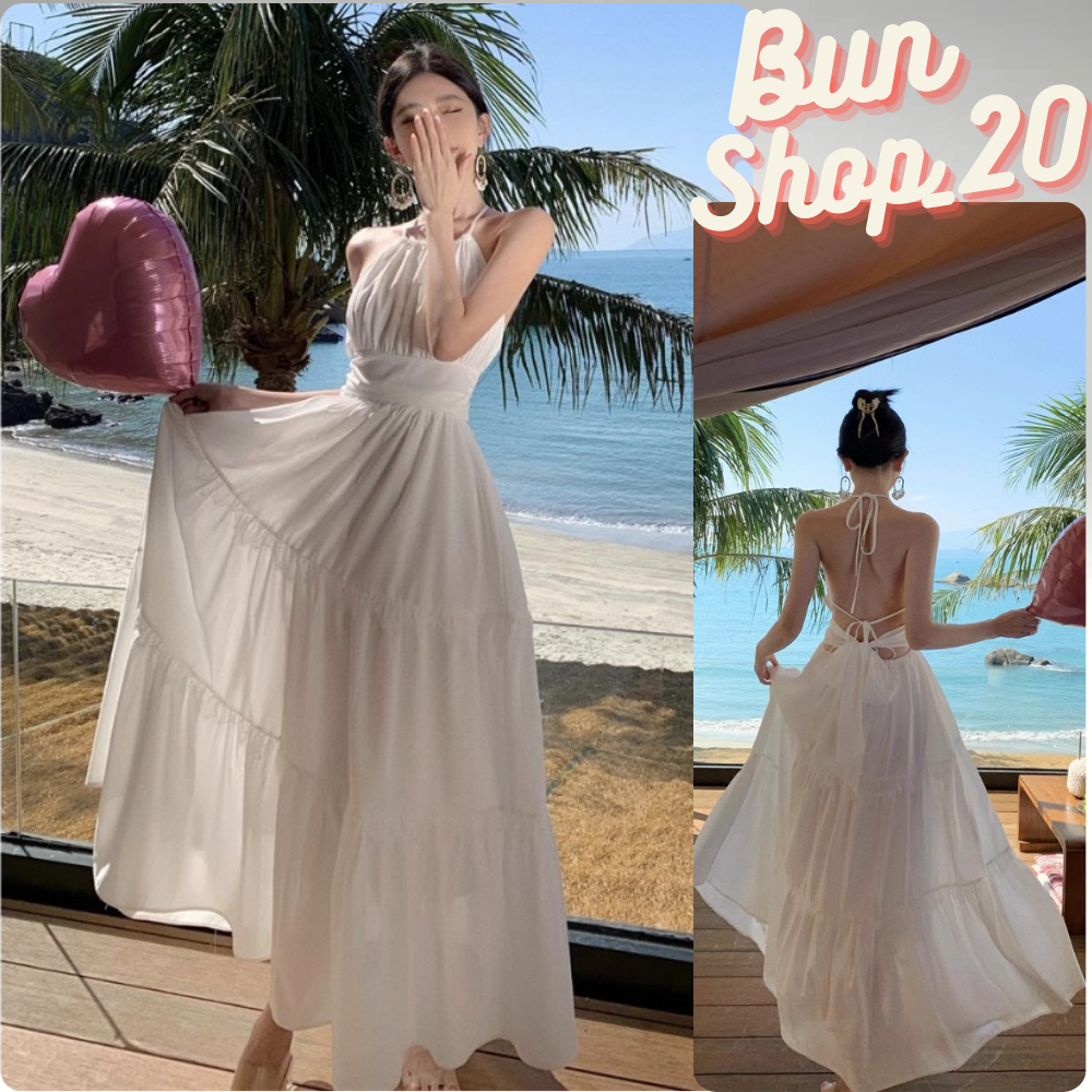 Váy đi biển - Đầm maxi hở lưng Chất đũi lụa QC chính phẩm, May 2 Lớp Có Sẵn Mút, Mẫu mới hottrend 2024 Bun Shop