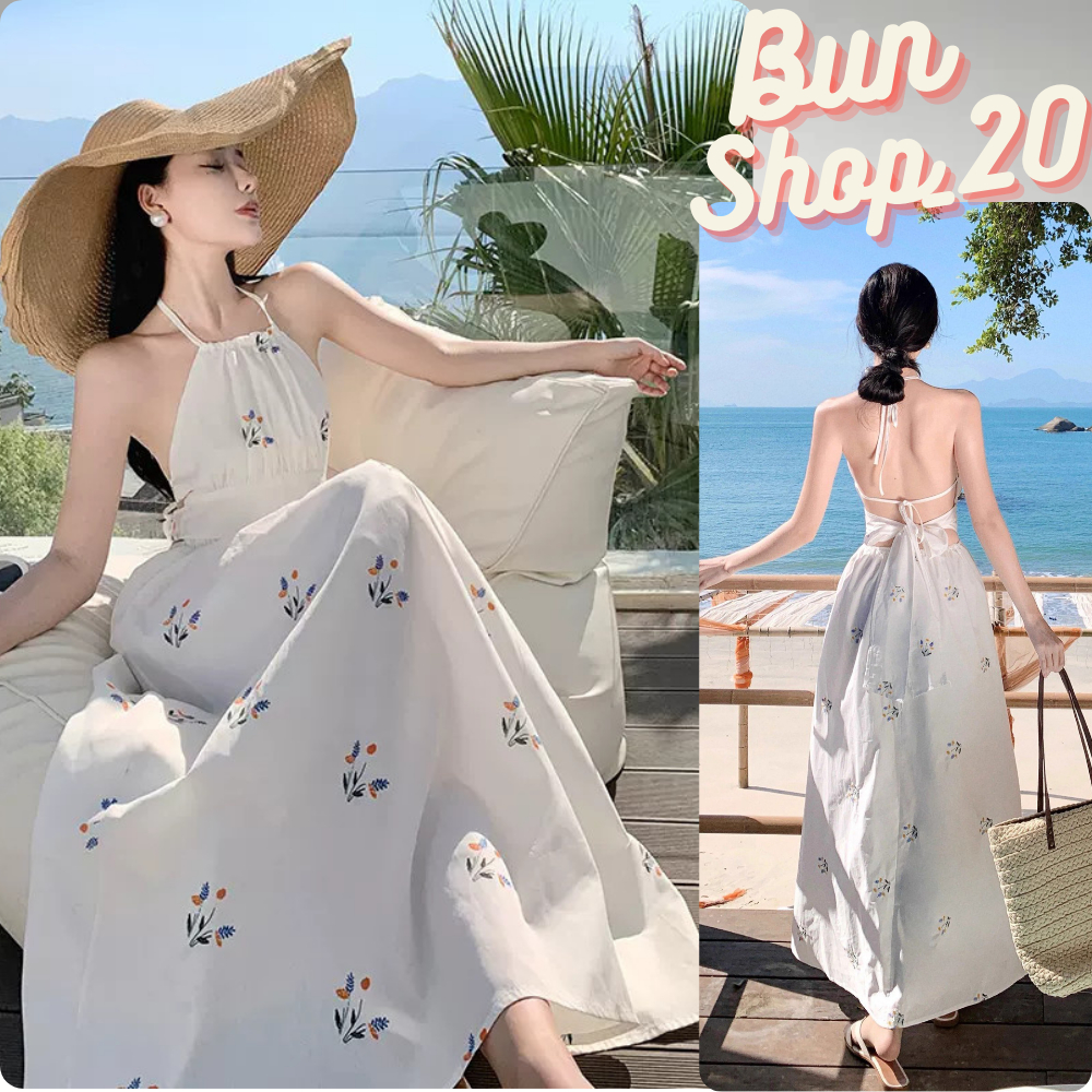 Váy đi biển - Váy cổ yếm in hoa thiết kế thắt nơ lưng, Chất đũi lụa QC mềm mát, May 2 Lớp Có Sẵn Mút Bun Shop | BigBuy360 - bigbuy360.vn