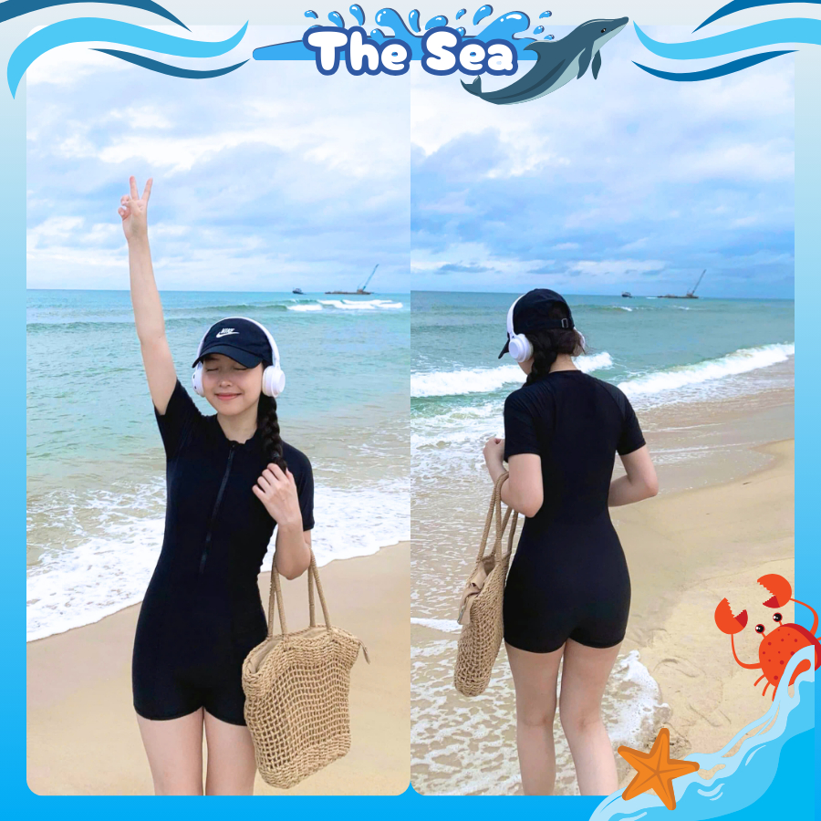Đồ bơi nữ liền thân quần đùi bikini đi biển màu Đen phối xám khóa kéo tay dài và ngắn bikini kín đáo  The Sea 046 | BigBuy360 - bigbuy360.vn