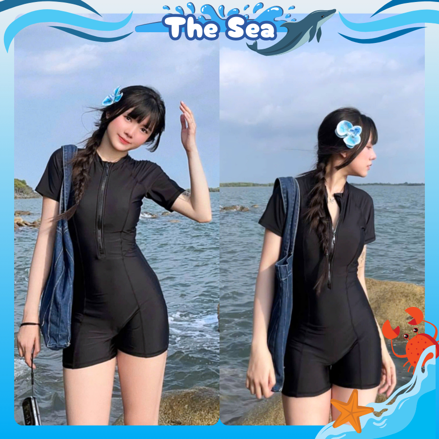 Đồ bơi nữ liền thân quần đùi bikini đi biển màu Đen phối xám khóa kéo tay dài và ngắn bikini kín đáo  The Sea 046 | BigBuy360 - bigbuy360.vn