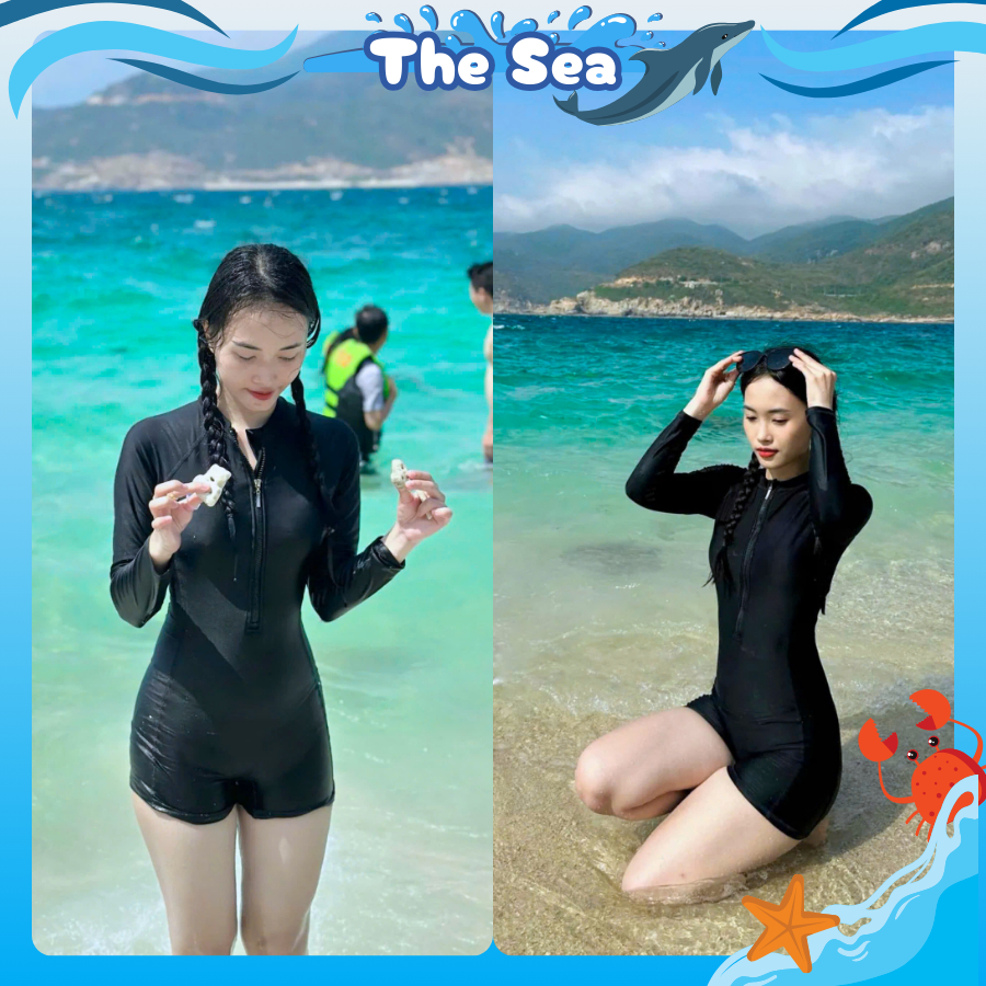 Đồ bơi nữ liền thân quần đùi bikini đi biển màu Đen phối xám khóa kéo tay dài và ngắn bikini kín đáo  The Sea 046 | BigBuy360 - bigbuy360.vn