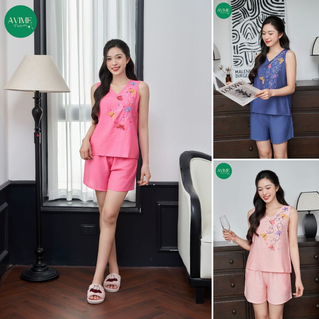 Đồ Bộ mặc nhà Nữ Chất Đũi BamBoo quần đùi áo cổ tim V Cao Cấp Siêu Mát-Avime Fashion _D02