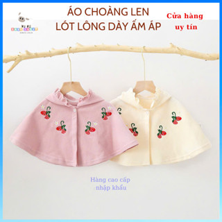 Áo choàng len cao cấp áo cánh dơi lót lông thêu hoạ tiết dâu tây cho bé gái
