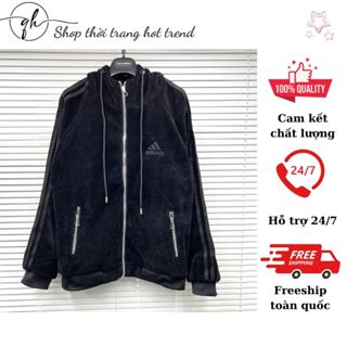 Áo khoác Jacket nam nữ ADD thêu logo phối sọc đen tay áo vải nhung lót lông dày có mũ chùm đầu 2024