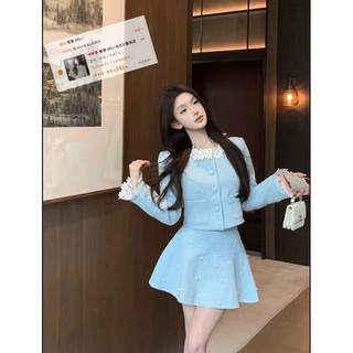 Sét Dạ Tone Xanh Phối Cổ Hoa Váy Ngắn Đính Ngọc Xinh Dễ Thương Cho Nữ