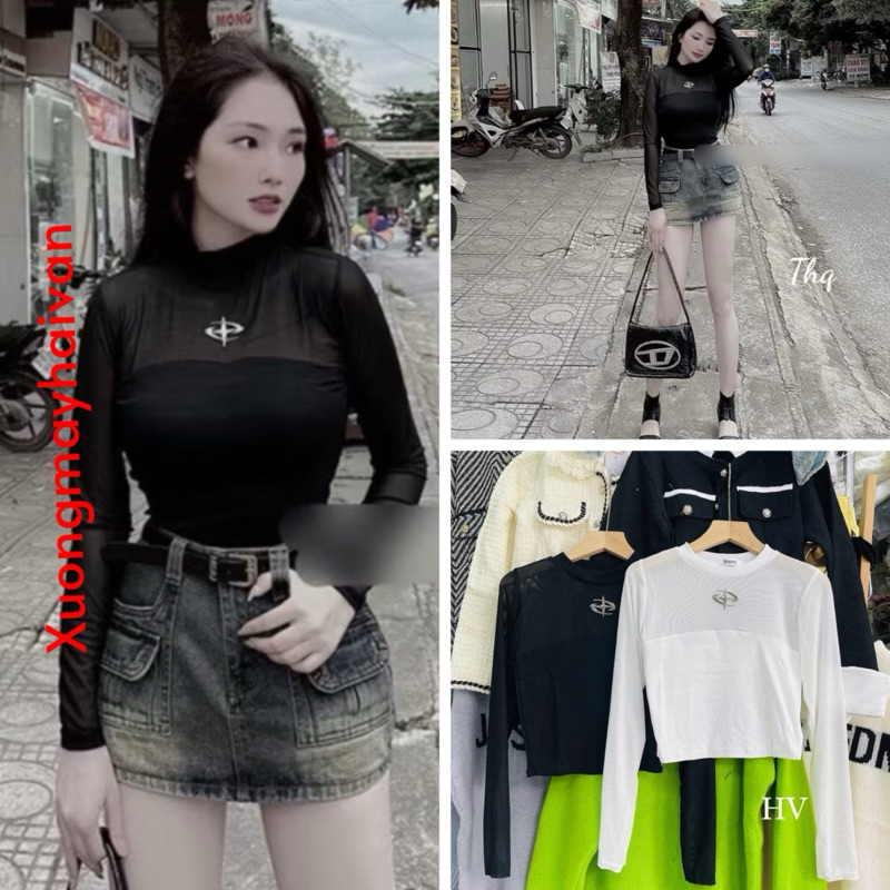 HV - Áo Thun Croptop Ôm Body Tay Dài Phối Lưới Màu Đen Logo Chữ D