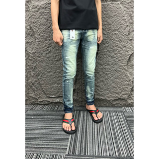  Quần jeans xanh trơn vẩy sơn dập nhăn  full mác lụa Pơ Pồ  