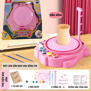 Đồ Chơi Máy Làm Gốm Thủ Công Cho Bé DIY , Đồ Chơi Handmade Sáng Tạo Kèm Đất Sét, Màu Vẽ Bàn xoay làm gốm thủ