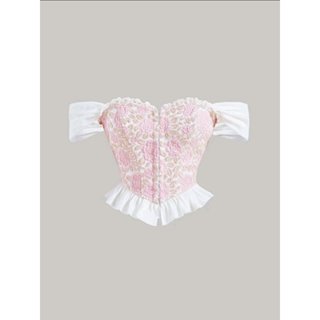   SẴN SHIP - NÊN MUA LÙI 1 SIZE SO VỚI THƯỜNG MẶC - ORDER SHEIN   TAPA TOP - Áo croptop trễ vai vải hoa gấm corset Y2K 