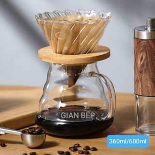 Bình đựng Cà Phê Thủy Tinh 360ML - 600ML, Phễu V60 Đế Tròn Gỗ, Bộ Bình Pha Cà Phê bằng Giấy Lọc