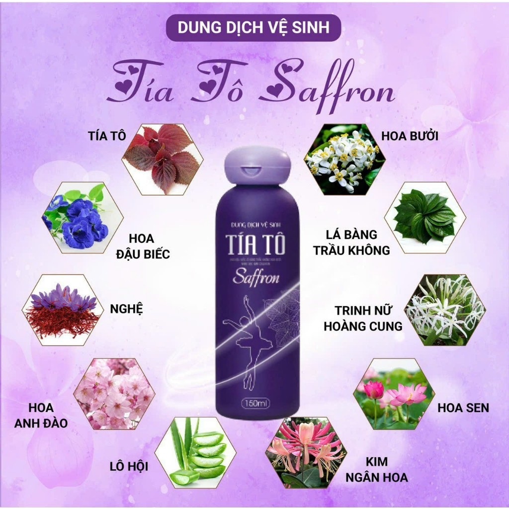 Dung Dịch Vệ Sinh Tía Tô Saffron Hết Khí Hư Nấm Ngứa Mùi Hôi Vùng Kín ddvs nước rửa phụ khoa, ddvs nữ tía tô 150ml