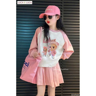 Set bộ thu đông bé gái, set áo nỉ 2da màu hồng in hình labubu phối chân váy xếp ly có lót trong cho bé 10-30kg Juny Kids