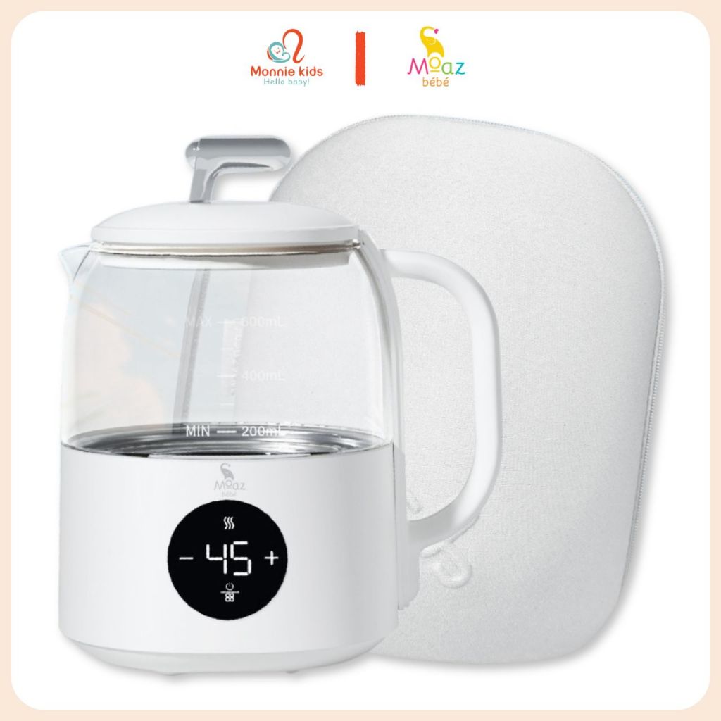 Bình đun nước Moaz Bebe MB099 pha sữa giữ nhiệt cho bé 600ml, ấm đun nước mini siêu tốc, Monnie Kids