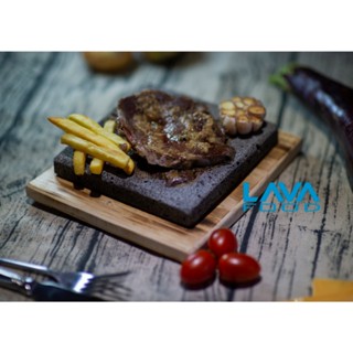 COMBO Đá núi lửa nướng thịt nhỏ15x15cm dày 2cm + đế gỗ thông khò nhiệt nghệ thuật - ISO9001