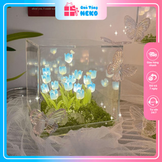 Đèn Ngủ Hoa Tulip Neko Tráng Gương Mica Khung Vuông, Hộp Đèn Hoa  20 Bông, 30 Bông Kèm Túi Và Charm