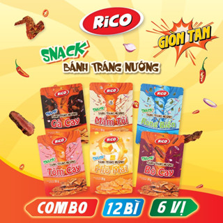   COMBO 12 GÓI 4 VỊ   SNACK BÁNH TRÁNG NƯỚNG TẨM VỊ KHÔNG CHIÊN BÒ CAY RONG BIỂN GÀ CAY MẮM TỎI RICO 35 GRAM 