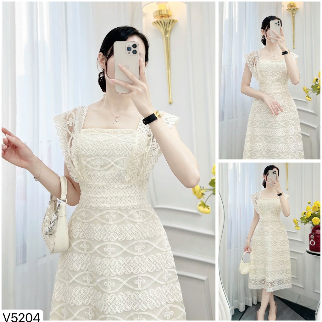 Váy ren kem cổ vuông hoạt tiết nổi sang chảnh đi tiệc đi chơi cao cấp Hàng Chính hãng DVC V5204