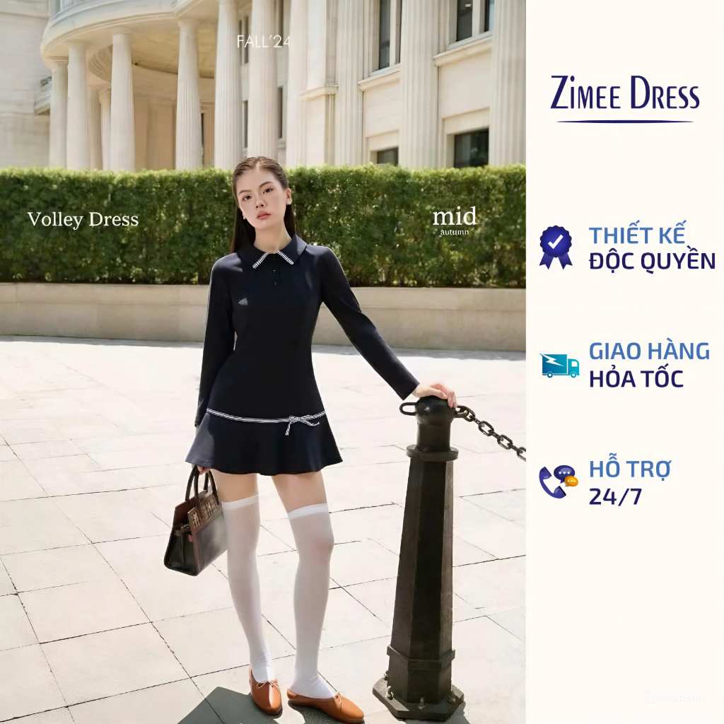  Váy Liền Polo Xanh Than Tay Dài Đuôi Cá Phối Nơ Volley Dress 