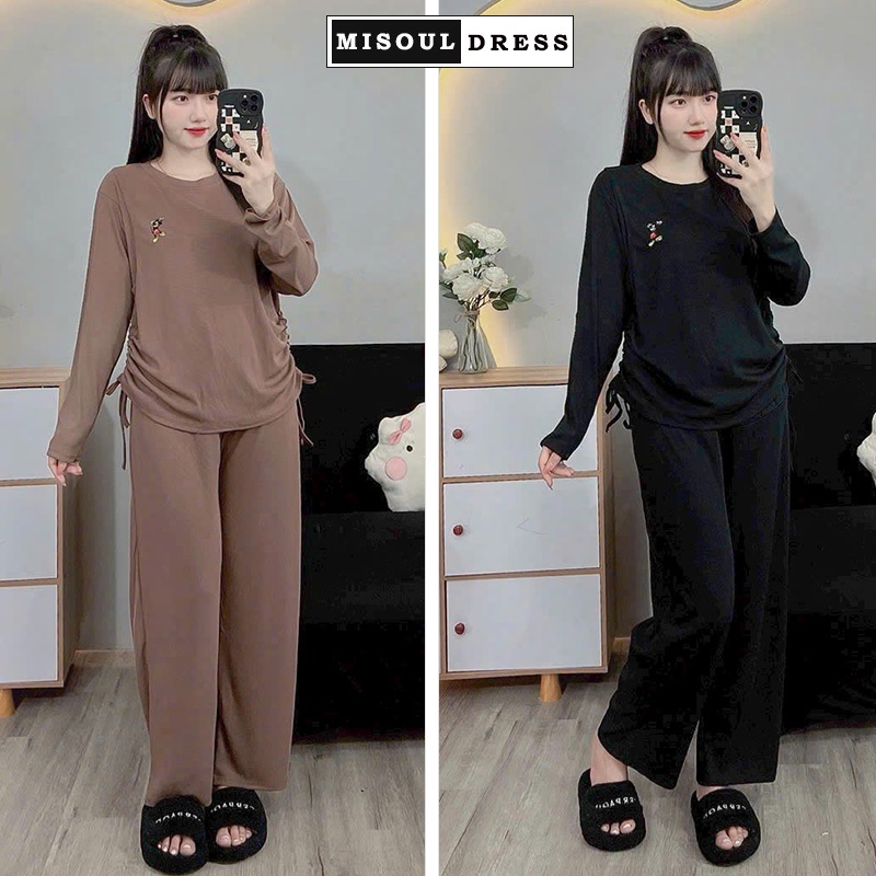 Bộ quần áo bầu dài tay 985 mặc nhà chất thun gân đũi mềm mịn thiết kế mặc mùa thu đông in hình MICKEY dáng suông rộng
