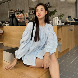  Áo Sơ Mi Kẻ Sọc Dáng BaBy Doll Rộng Nữ “CHUU” Áo Kiểu Cổ Tàu Babydoll Bigsize 